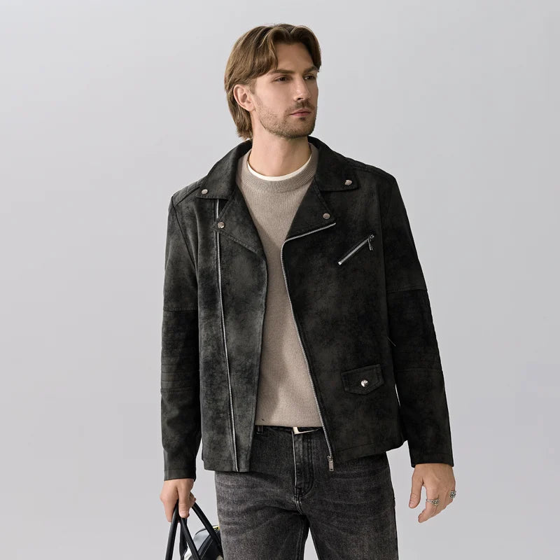 High-end Suede Leather Jacket Winter Men New American Punk Handsome Windproof Men Clothes Male Retro Brown Lapel Jacket
