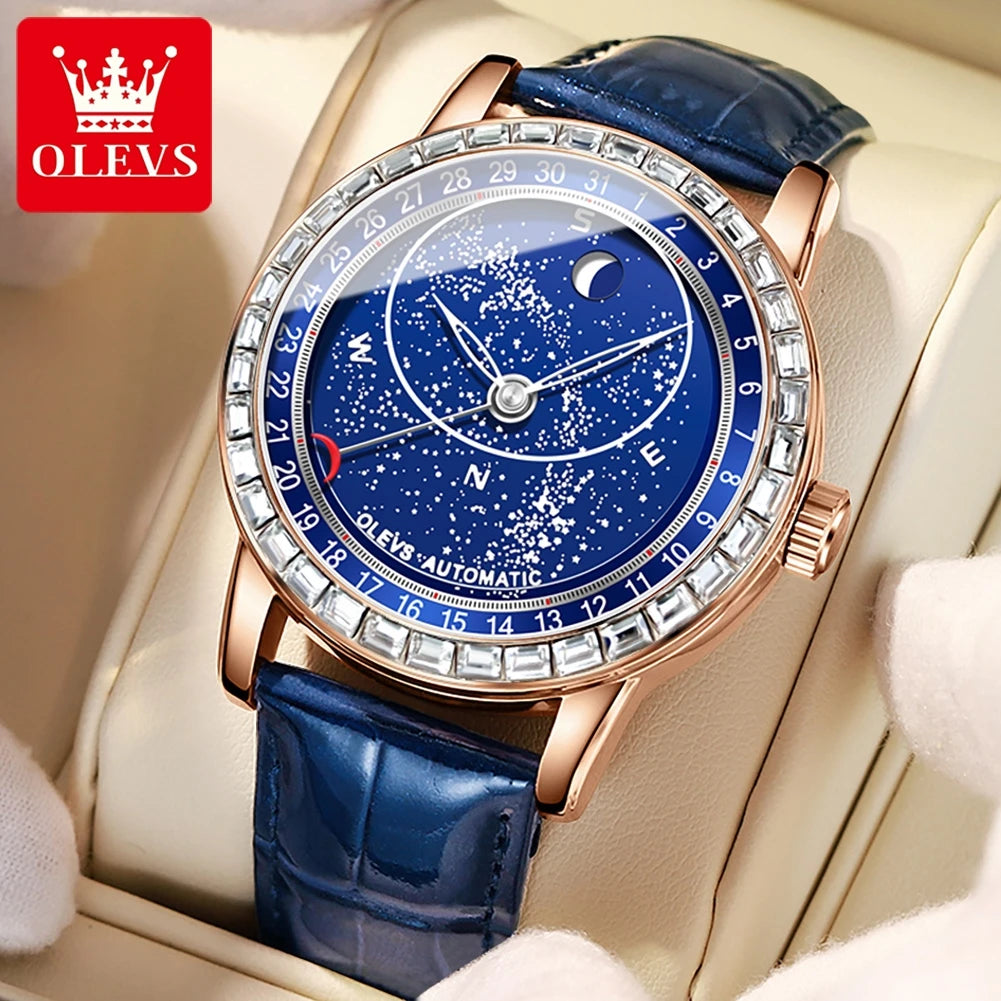OLEVS 9923 Men's Watches Moon Phase Automatic Mechanical Watch for Man Blue Leather Luxury Dress Waterproof Luminous Wristwatch