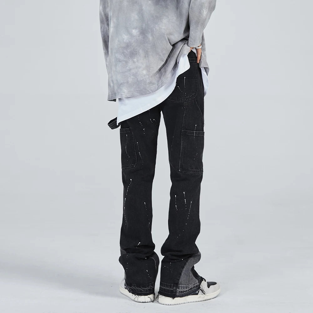 Vintage Mens Flared Leg Jeans Denim Hip Hop Splashing Ink Wide Leg Jean Pants Black Fashionable Retro Streetwear Baggy Jeans Y2k
