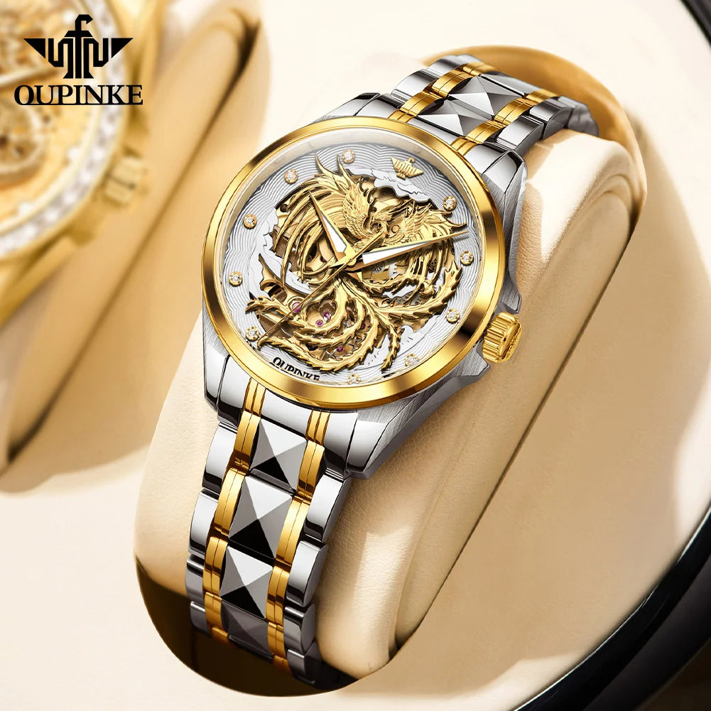 OUPINKE High End Gold Dragon Watch for Men Women Tungsten steel Automatic Mechanical Couple Watches Luxury Couple Wristwatches