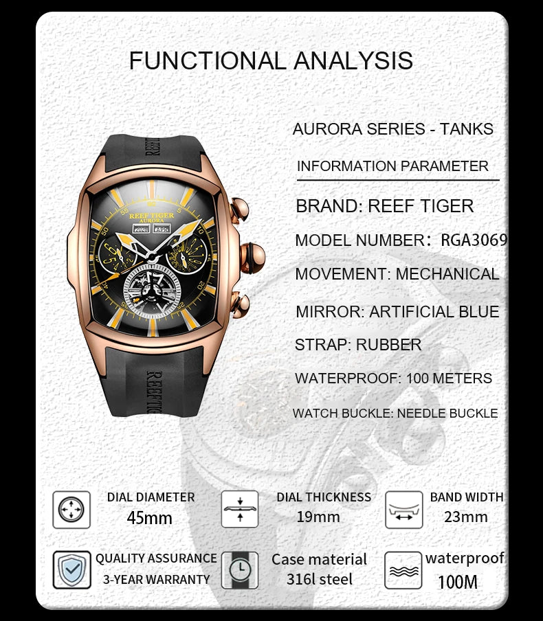 Reef Tiger 316L Stainless Steel Wine Barrel Automatic Watch Fashion Mulitfunction Tourbillon Mechanical Watches for Men RGA3069