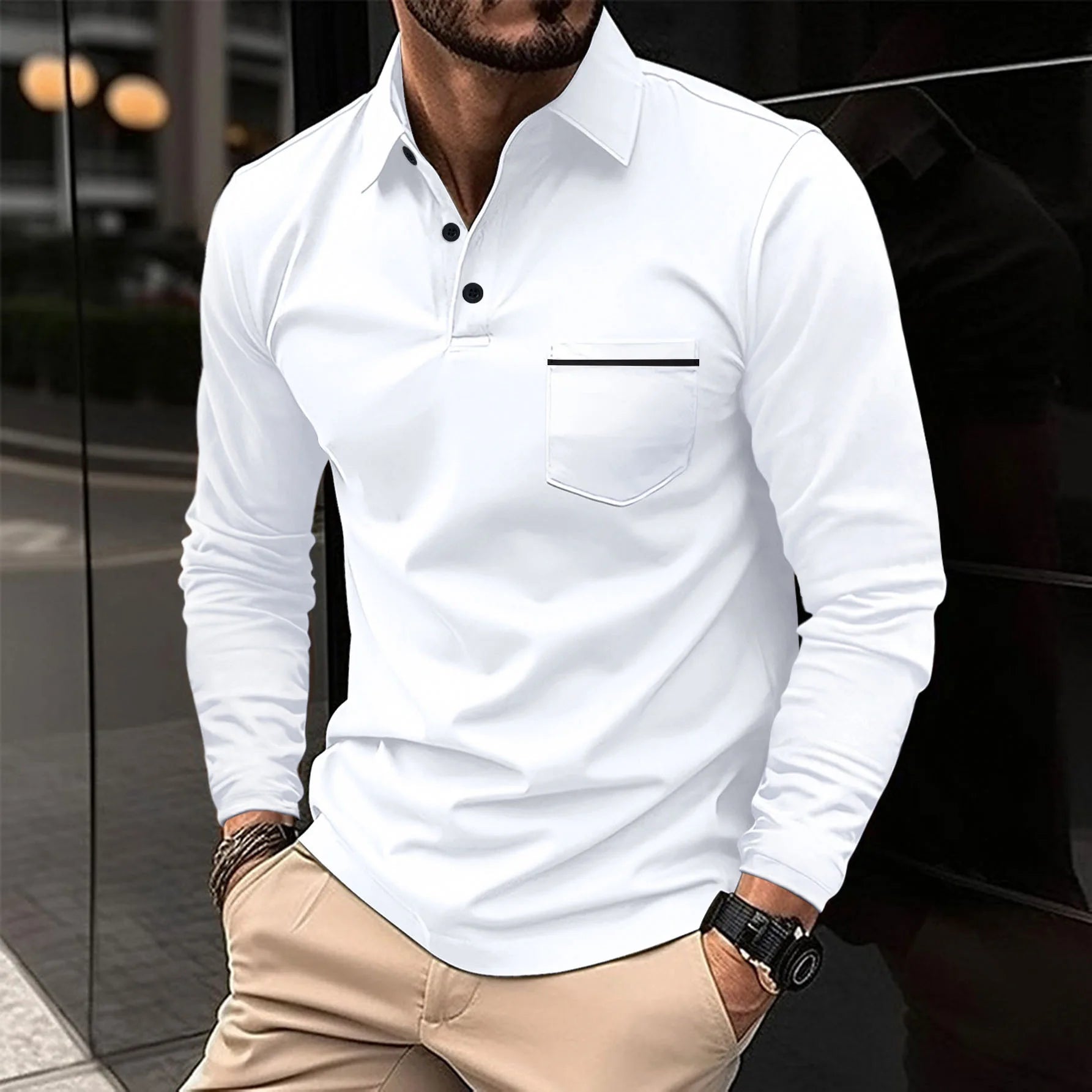 New men's casual long-sleeved polo shirt - solid-colored lapel polo shirt, stylish, breathable, comfortable and versatile top.