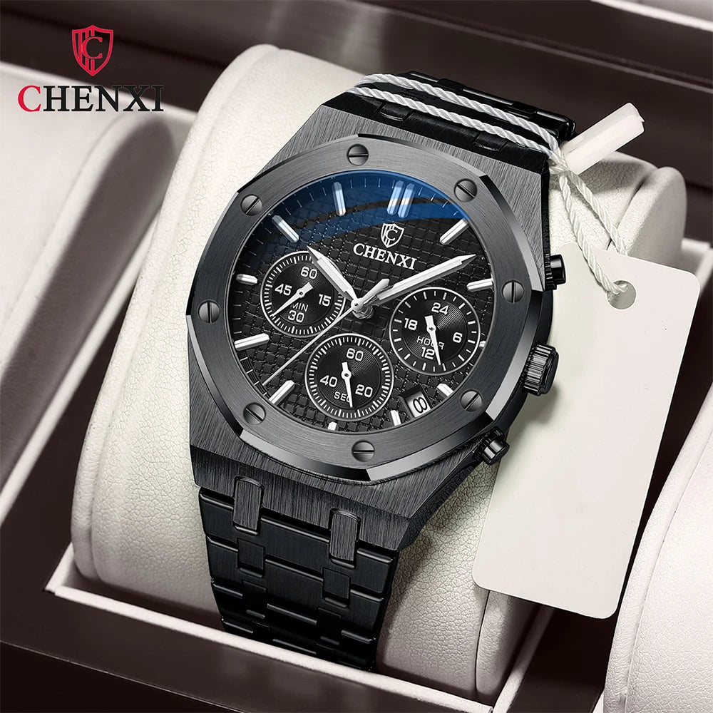 CHENXI Brand Multi-Function Sports Man Watch Luminous Chronograph Steel Strap Waterproof Calendar Quartz Watches Male