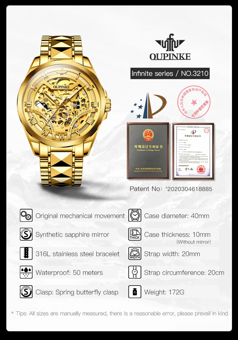 OUPINKE 3210 Gold Men Fully Automatic Mechanical Watch High end Original 3D Hollow Design Waterproof Luminous Men Watch Luxury