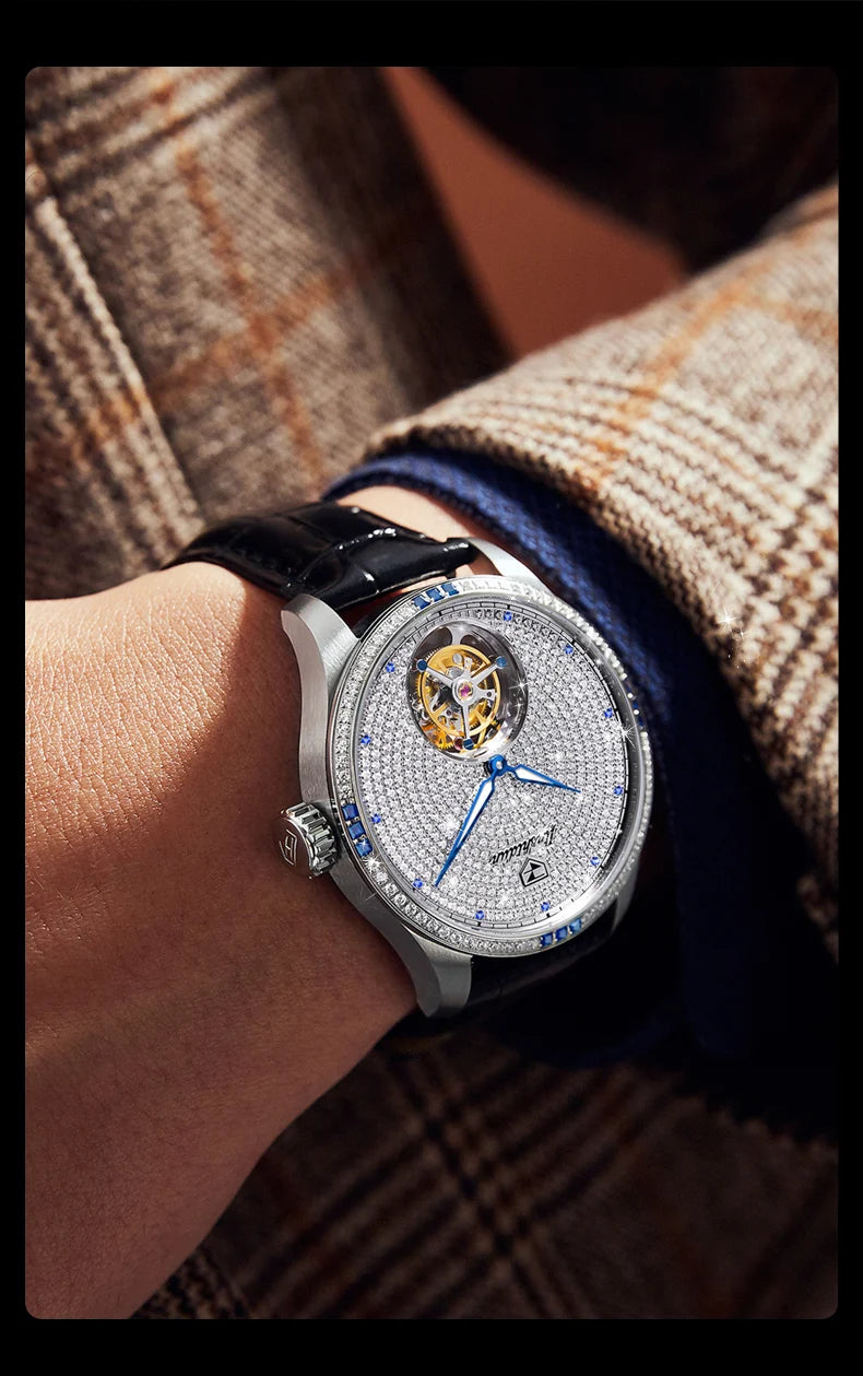 JSDUN Fully Diamond Tourbillon Automatic Watch for Men Genuine Leather Strap Sapphire Mirror Luxury Mechanical Man Wrist Watches