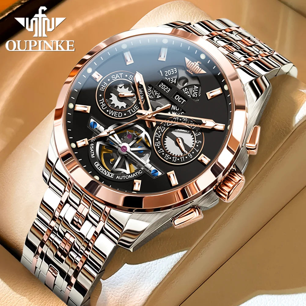 OUPINKE 3251 Mens Watch Luxury Sapphire Glass Tourbillon Mechanical Watch Tungsten Steel 50M Waterproof Watch For Man Gift Box