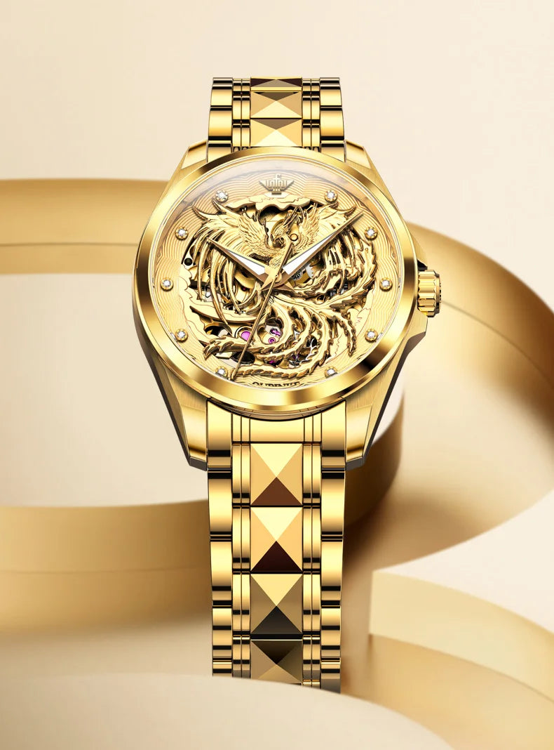 OUPINKE High End Gold Dragon Watch for Men Women Tungsten steel Automatic Mechanical Couple Watches Luxury Couple Wristwatches