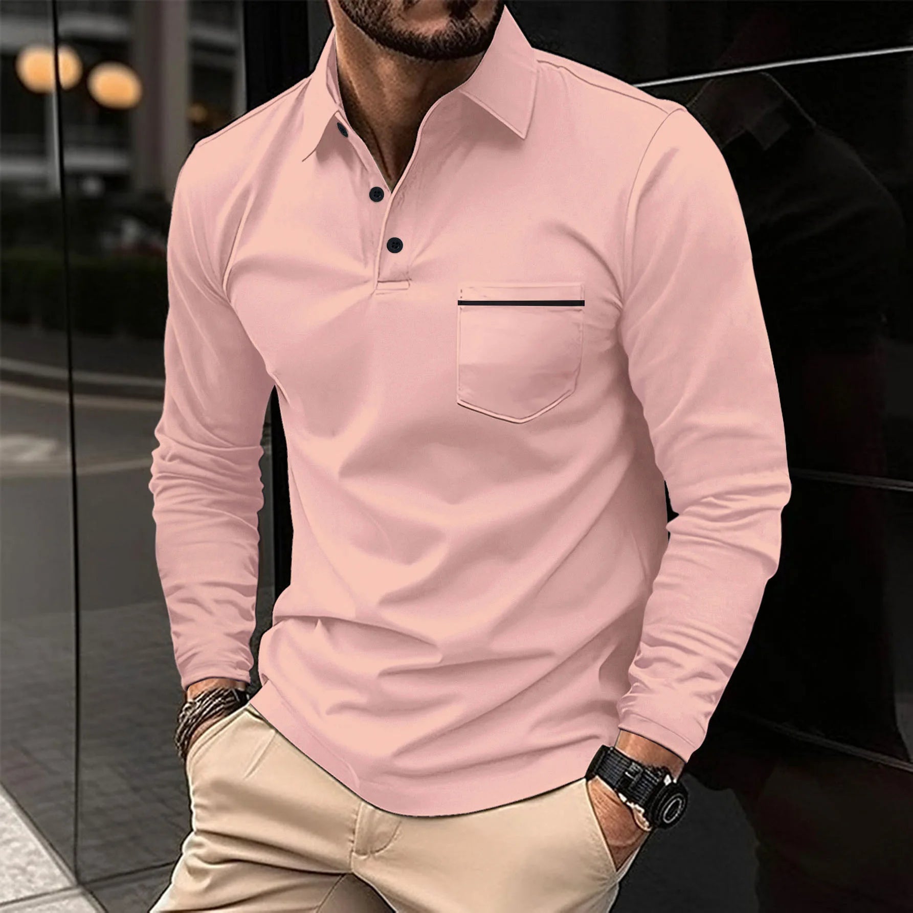 New men's casual long-sleeved polo shirt - solid-colored lapel polo shirt, stylish, breathable, comfortable and versatile top.