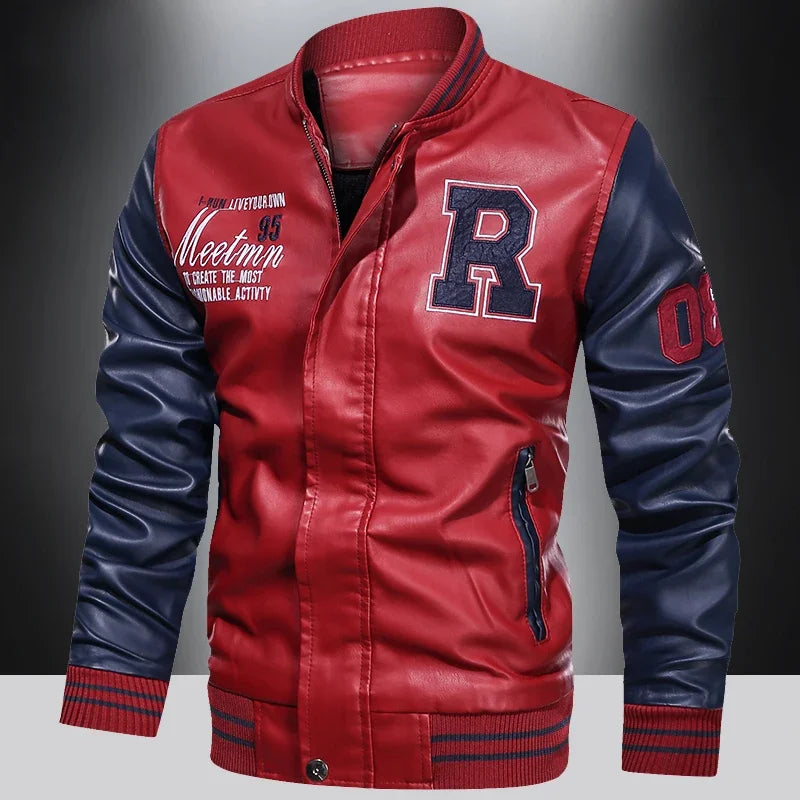 Men's American Leather Baseball Jacket Casual Color Block PU Pilot Coat Spring Autumn Leather Jacket Motorcycle Suit Jackets Men
