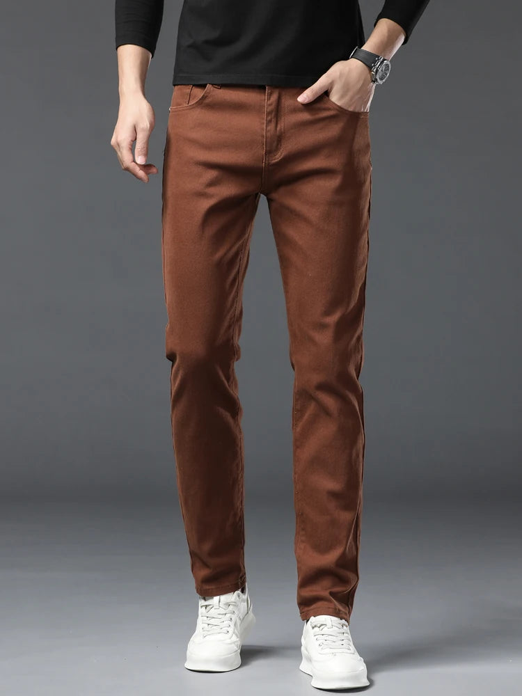 Men's Pink Jeans Spring Summer New Comfortable Elastic Fitted Straight Denim Trousers Fashion Korean Male Casual Pants