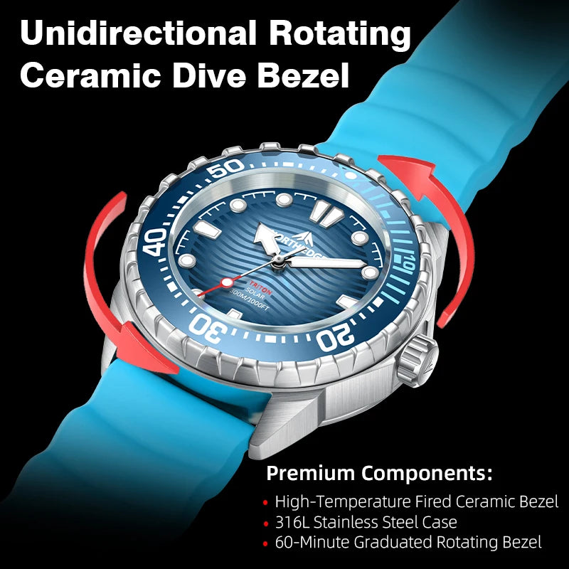NORTH EDGE TRITON New Arrived Diving Watch for Man Sun Solar Powered Quartz Wristwatches 300M Waterproof relojes para hombres