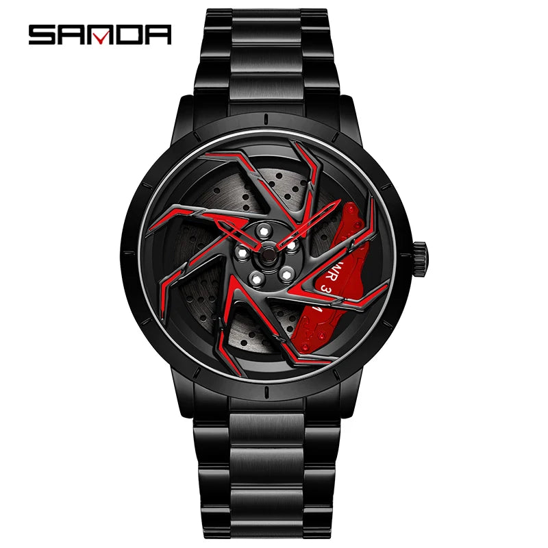 SANDA P1088 Hot Sell New Stainless Steel Band Watch Premium Quartz Movement Shaped 360 Rotating Car Wheel Dial Relogio Masculino
