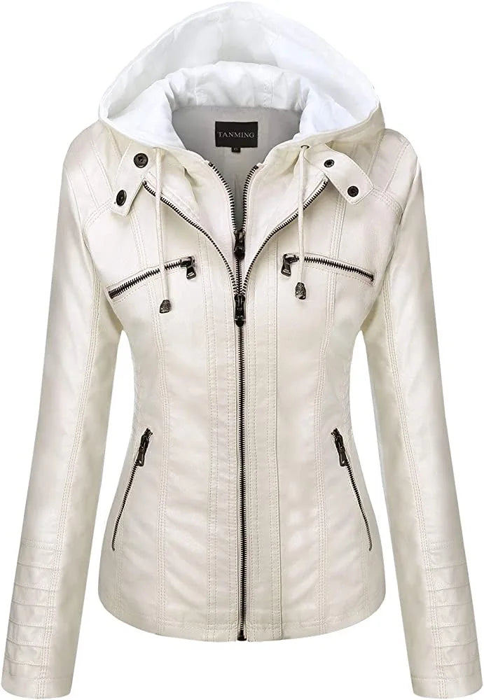 Hooded Leather Jacket Two-Piece Set Removable Large Size Leather Jacket for Women Spring & Fall Outwear for Women Pu Washed Leather