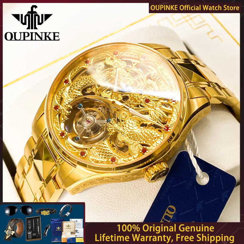 OUPINKE 3176 Tourbillon Men Watch Luxury Gold Dragon Watch Automatic Movement Mechanical Watch HD Sapphire Waterproof Men Watch
