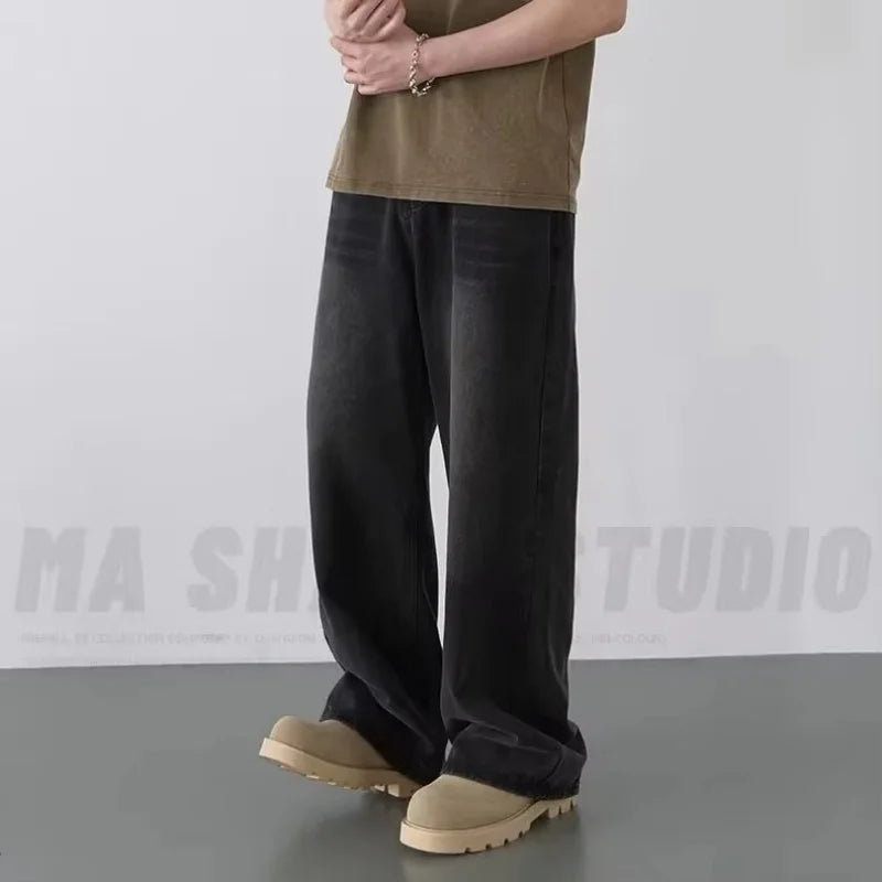 Men's New Denim Pants Old Blue Black Washed Spring Autumn Male Jeans Straight Casual Menwear Loose Wide Leg Trousers New Fashion