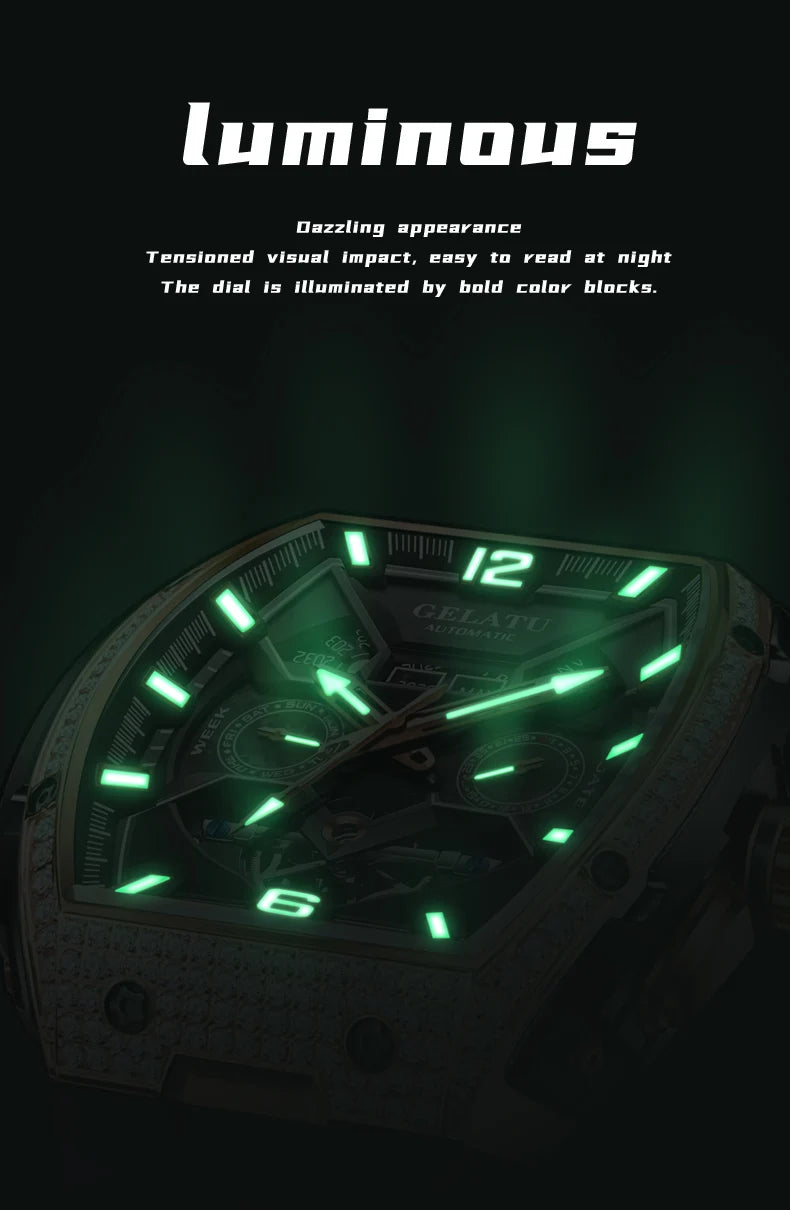GELATU 6016 Skeleton Flywheel Automatic Men Watch Original Waterproof Silicone Strap Luxury Brand Diamond Men Mechanical Watch