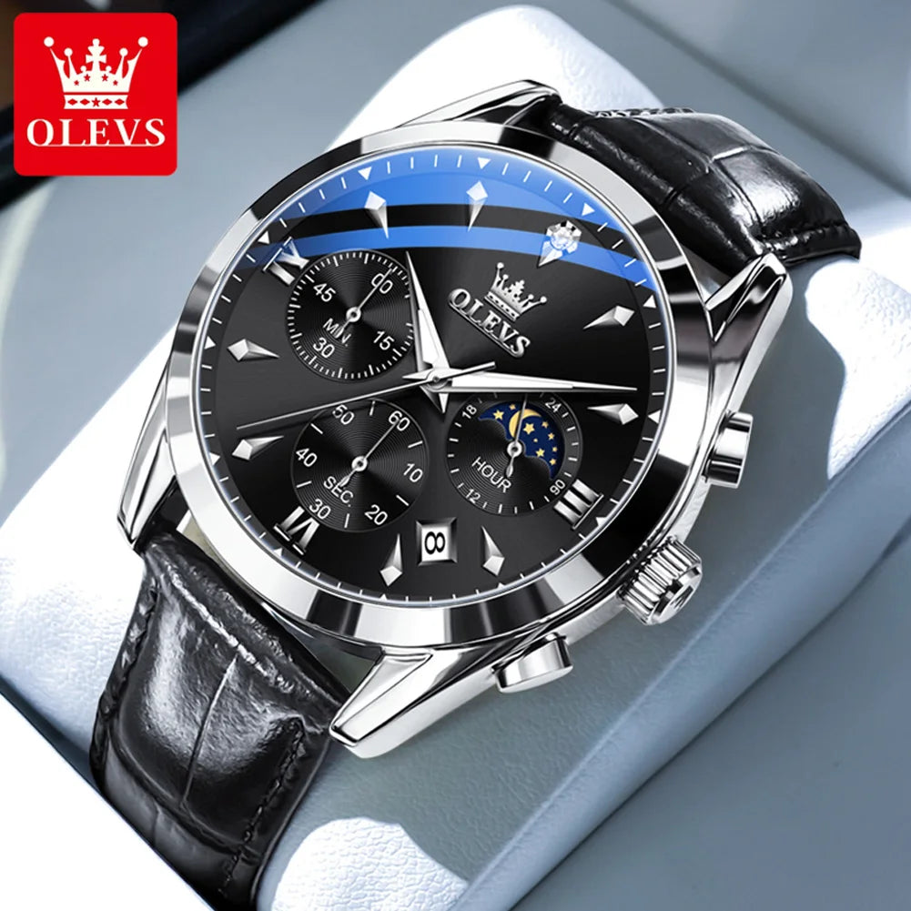 OLEVS 3609 Original Moon Phase Chronograph Man Watch Leather Strap Waterproof Luminous Luxury Brand Quartz Wrist Watches for Men