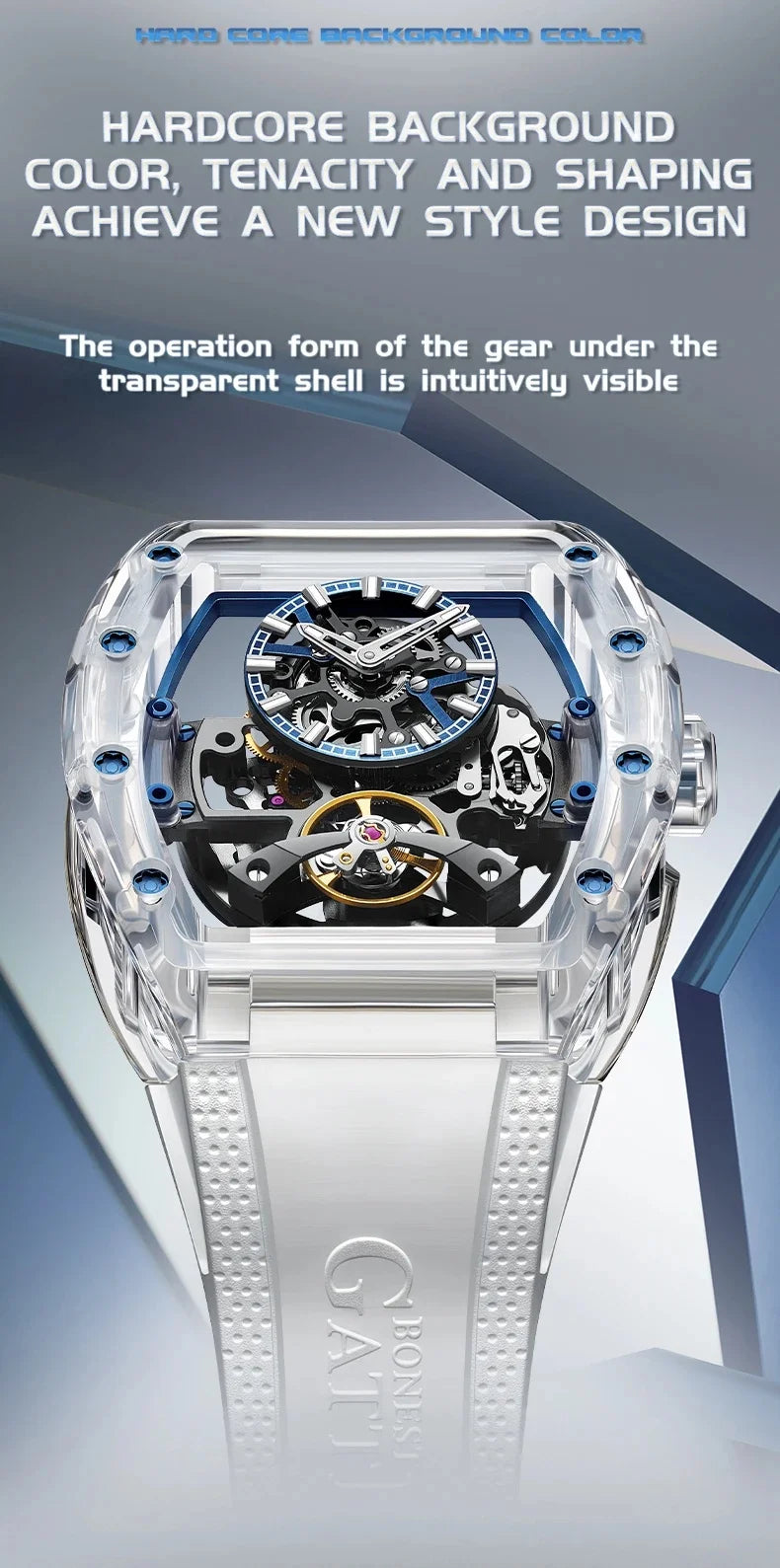 BONEST GATTI 2025 New Men Automatic Watch Tonneau Mechanical Wristwatch Acylic Case Sapphire Lume Hollow Out Dial Fluororubber