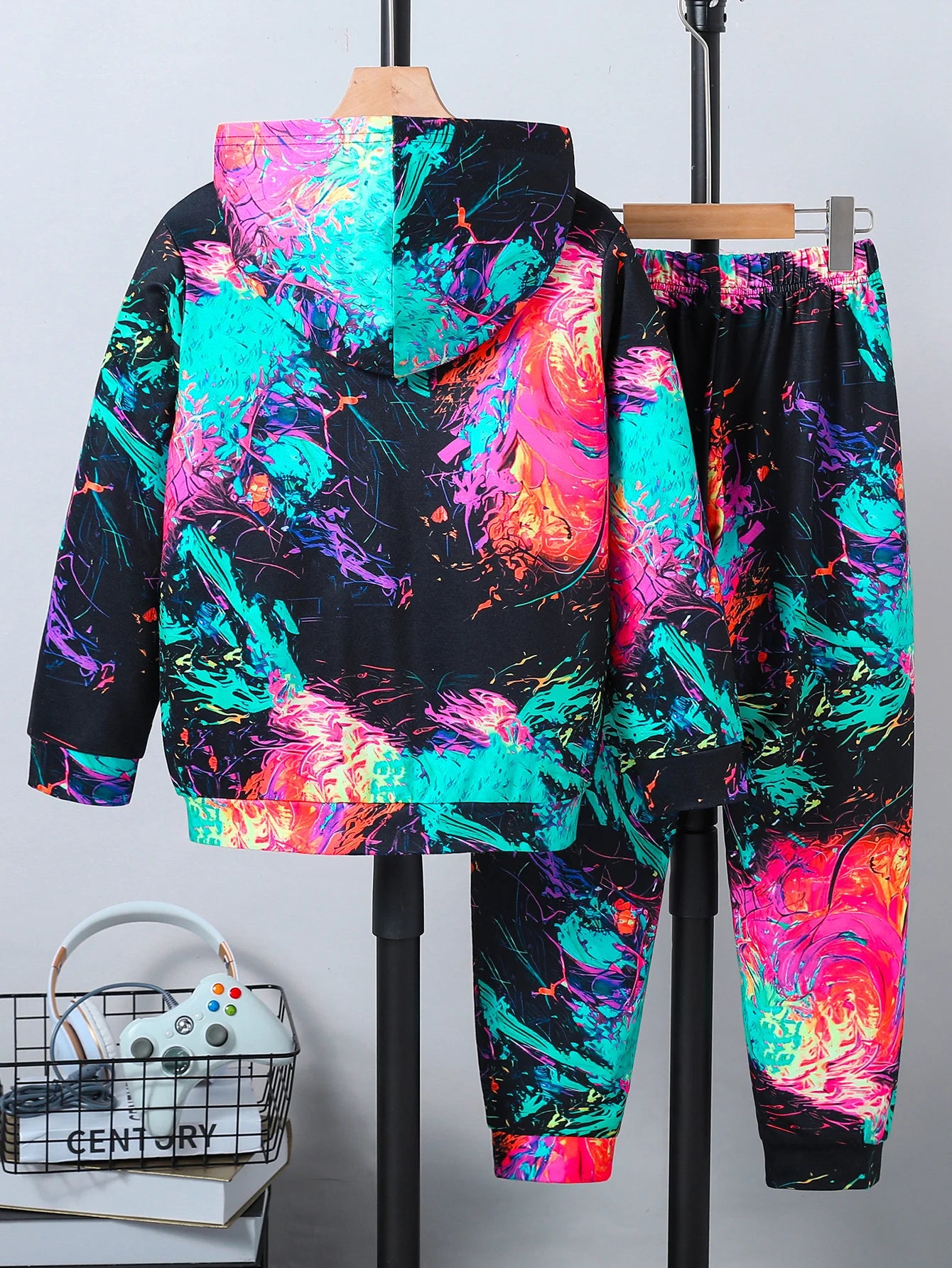 Boys' New Abstract Art Game Console Printed Hooded Sweatshirt Long-Sleeved Pants Two-Piece Autumn and Winter Suit Loose Casual Style