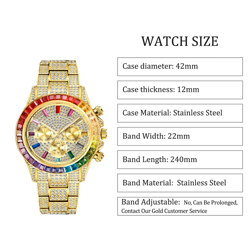 MISSFOX Blingbling Wristwatch For Men Luxury Colour Diamond Calendar Quartz Watch Hip Hop Fashion Waterproof Man Clock Hot Sale