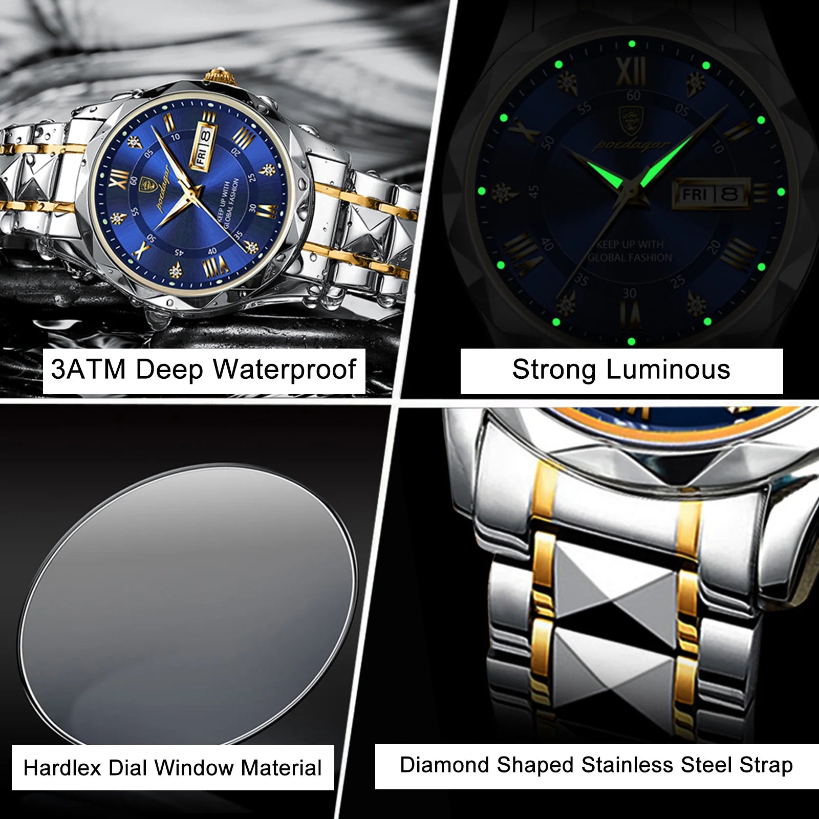 POEDAGAR Luxury Business Men's Watches Waterproof Stainless Steel Luminous Man Wristwatch Date Week Quartz Sport Men Watch Reloj