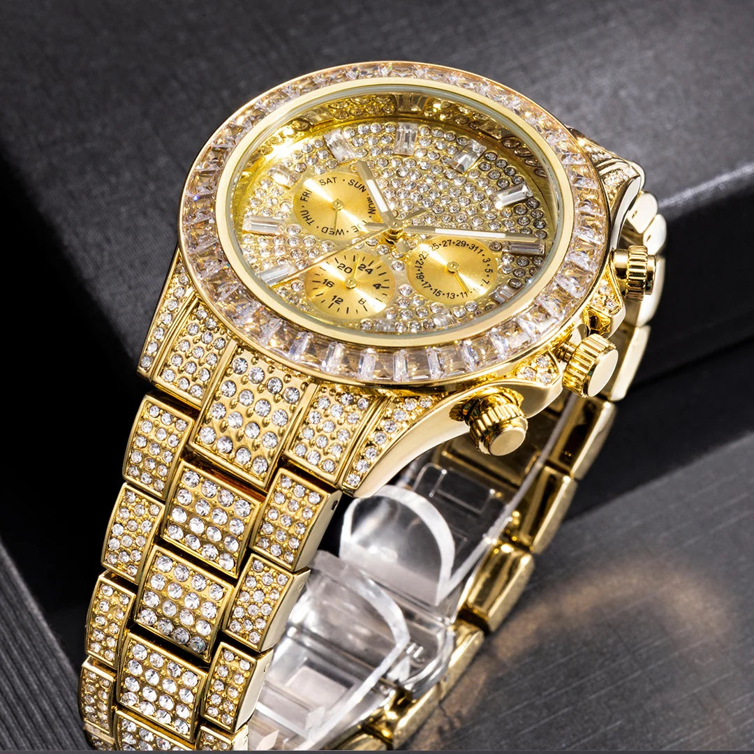 MISSFOX Blingbling Wristwatch For Men Luxury Colour Diamond Calendar Quartz Watch Hip Hop Fashion Waterproof Man Clock Hot Sale