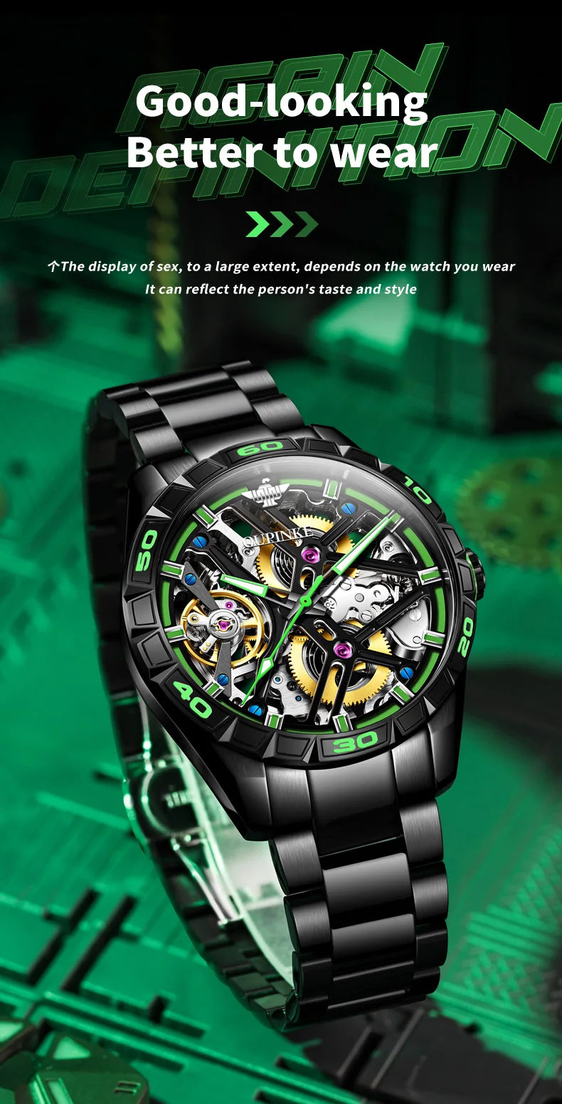 OUPINKE 3196 Fully Automatic Mechanical Watch Men Stainless steel Waterproof Green Night Light High-end Wristwatch Man