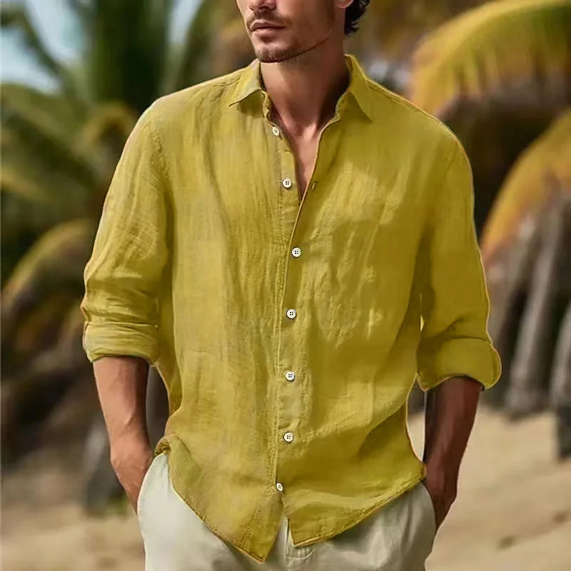 Men's Long-sleeved Top in 2025,Made of Cotton and Linen, Solid Color, Turn-down Collar, in a Casual Style Shirt  linen shirt men