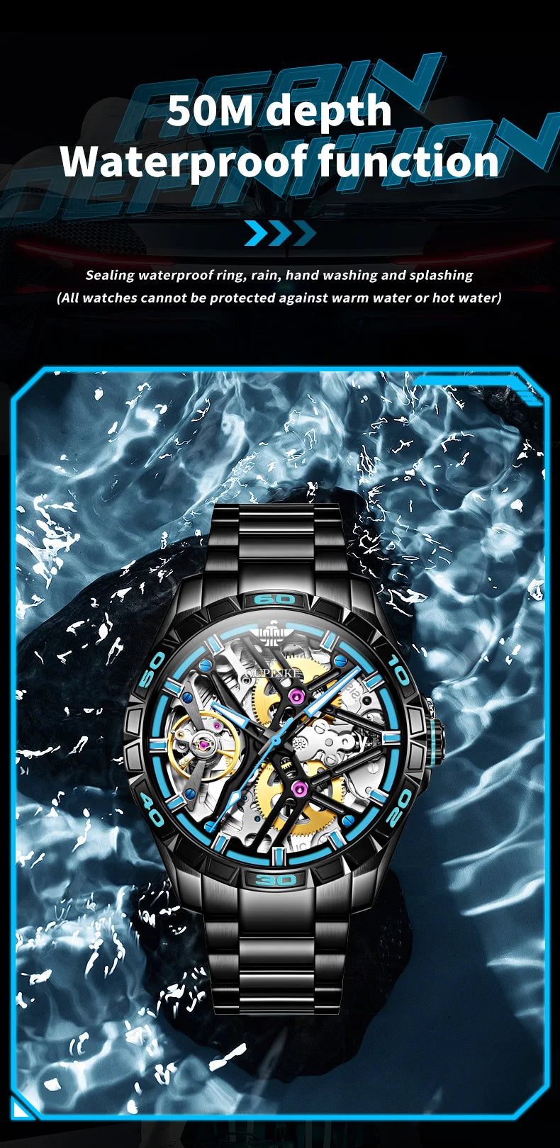 OUPINKE 3196 Blue Watch for Men Original Automatic Movement Deep Waterproof Hollow Out Mechanical Wristwatch Men