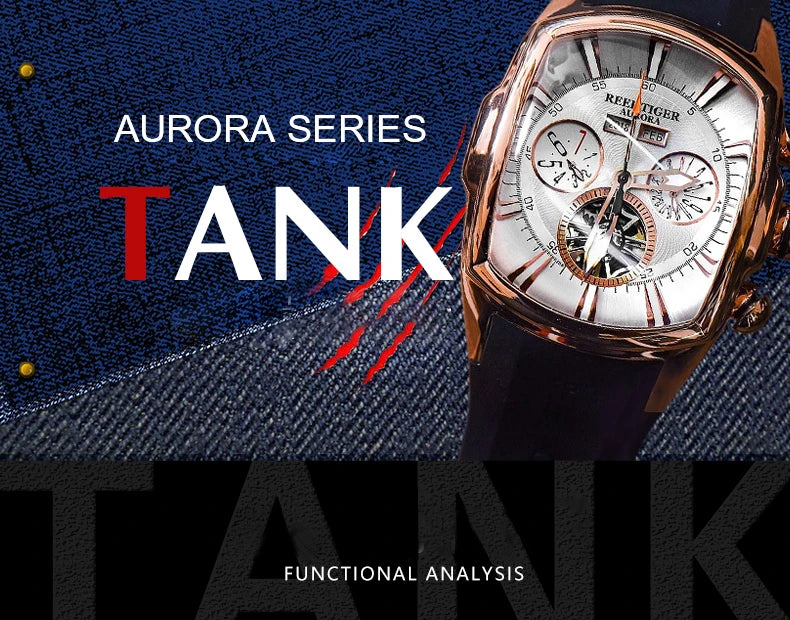 Reef Tiger 316L Stainless Steel Wine Barrel Automatic Watch Fashion Mulitfunction Tourbillon Mechanical Watches for Men RGA3069