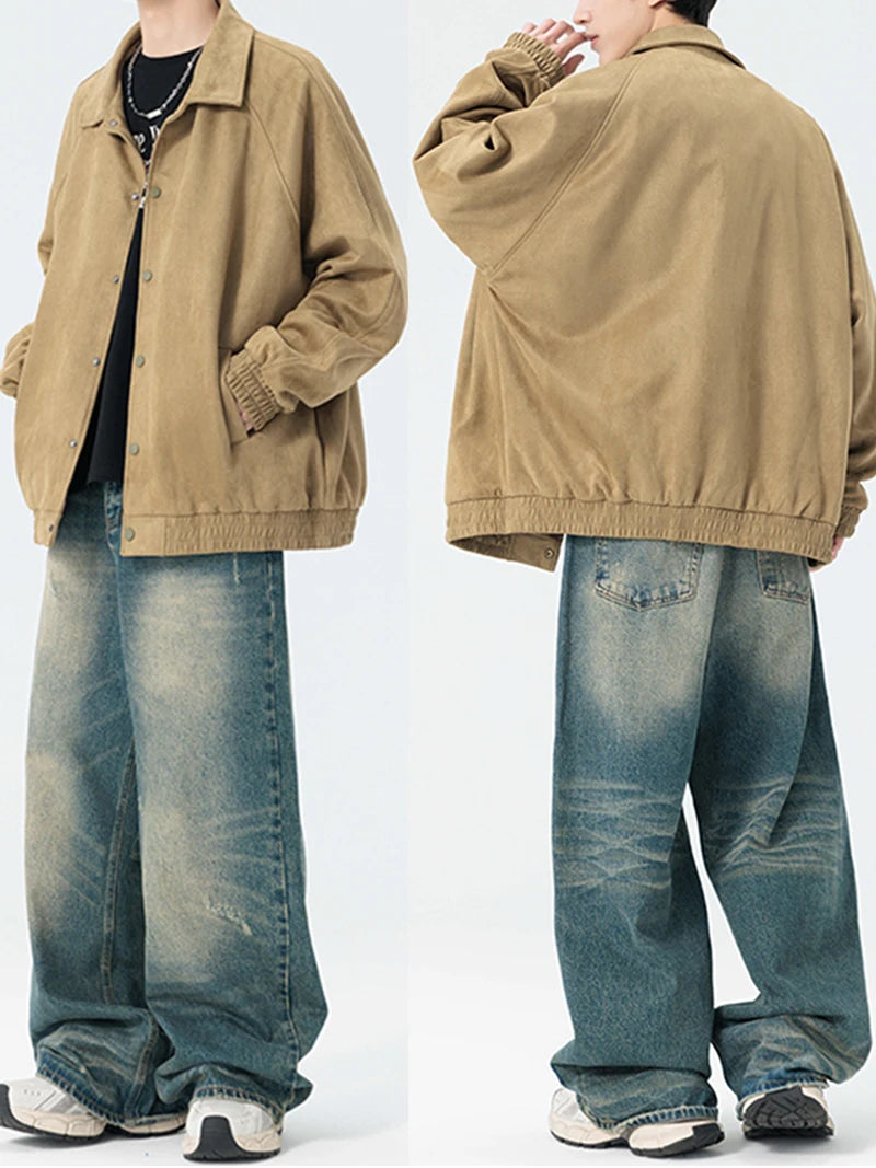 Suede Leather Jacket Men Spring Autumn Turndown Collar Casual Jacket Men Streetwear Plus Size M-8XL for Big and Tall Men's Coats