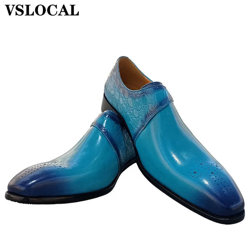 Genuine Leather Men's Loafers Blue Black Buckle Strap Casual Luxury Mens Dress Shoes Office Wedding Monk Shoes For Men