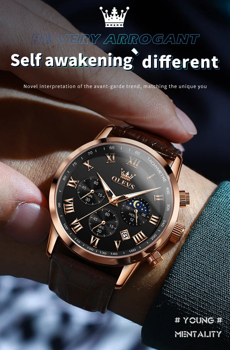 OLEVS 5529 Luxury Quartz Watch For Men Roman Scale Moon Phase Chronograph Man Watches Waterproof Luminous Calendar Wrist Watch