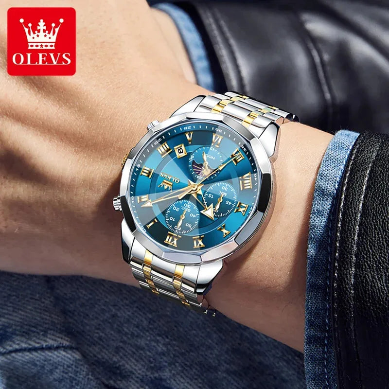 OLEVS 3675 Men's Multifunctional Chronograph Quartz Watch Waterproof Moon Phase Display Fashionable Gift for Men