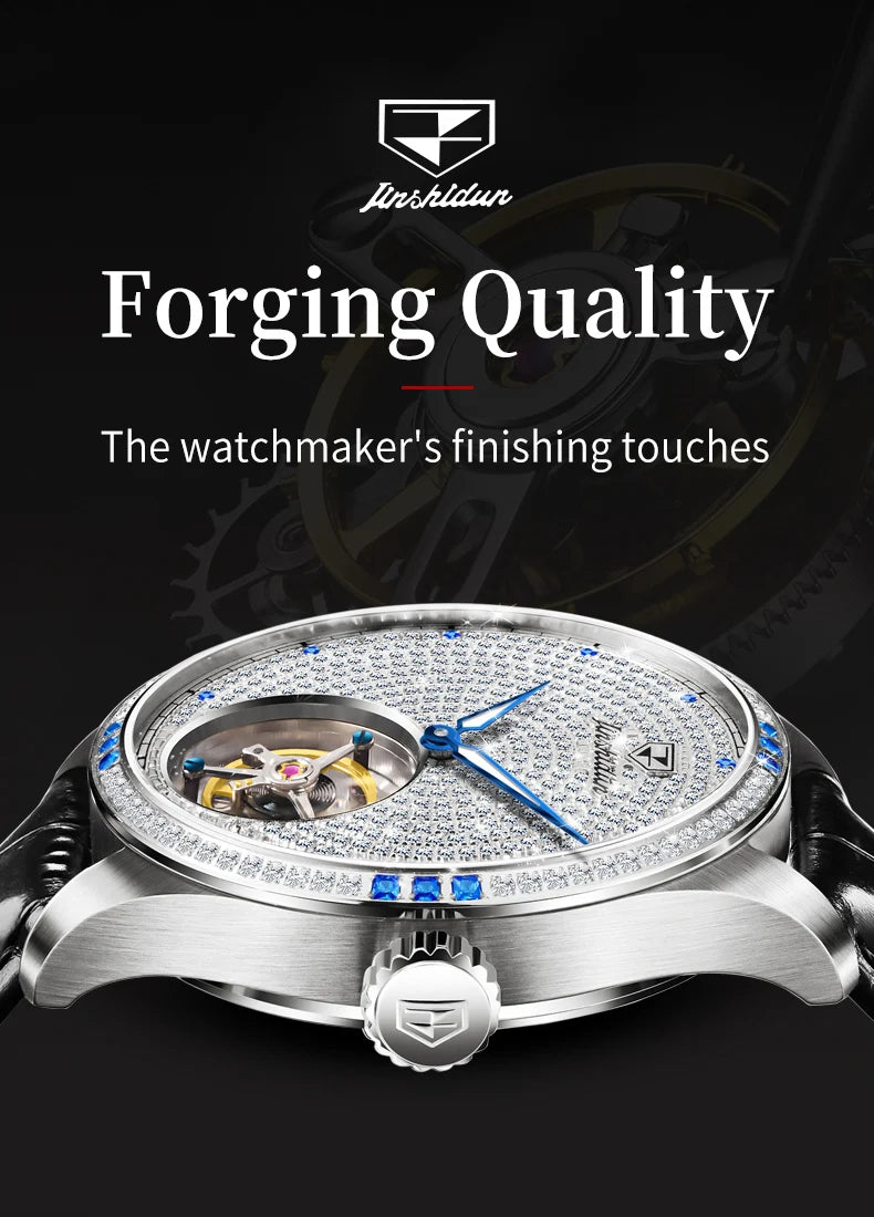 JSDUN Fully Diamond Tourbillon Automatic Watch for Men Genuine Leather Strap Sapphire Mirror Luxury Mechanical Man Wrist Watches