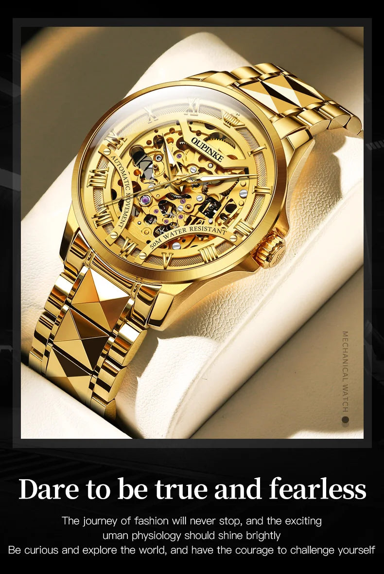 OUPINKE 3210 Gold Men Fully Automatic Mechanical Watch High end Original 3D Hollow Design Waterproof Luminous Men Watch Luxury