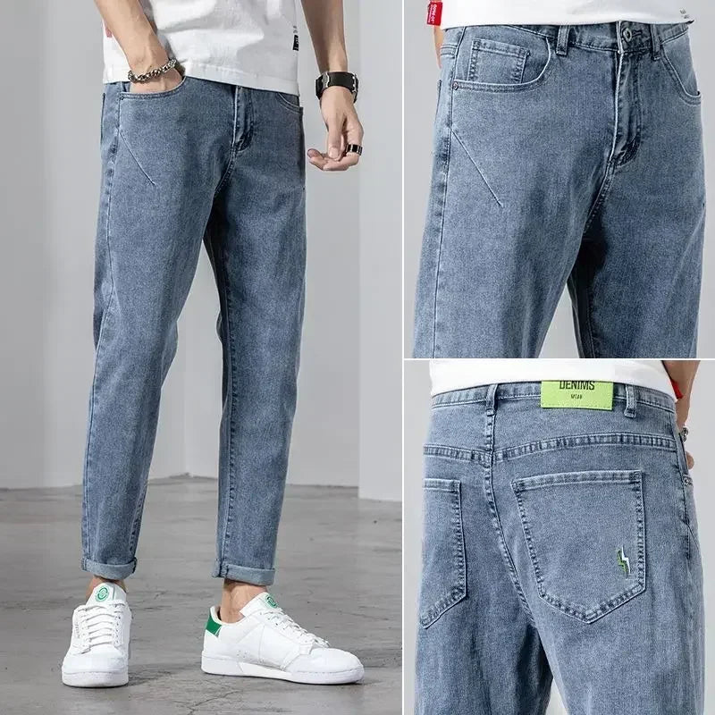 Men's Jeans Light Blue Casual Man Cowboy Pants with Pockets Trousers Cropped Designer Stylish Korean Fashion Summer Original Xs