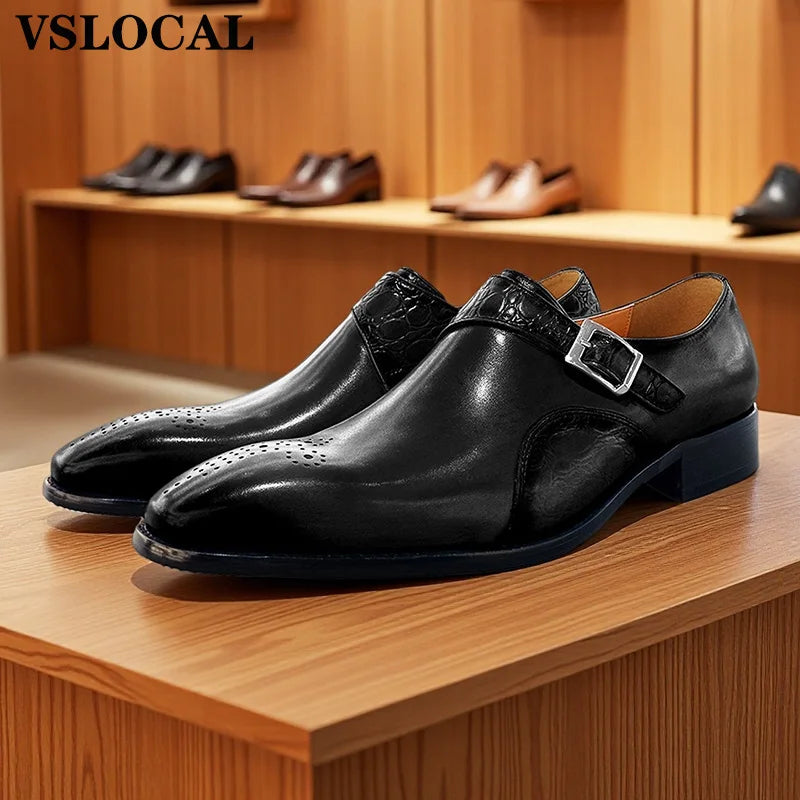 Genuine Leather Men's Loafers Blue Black Buckle Strap Casual Luxury Mens Dress Shoes Office Wedding Monk Shoes For Men