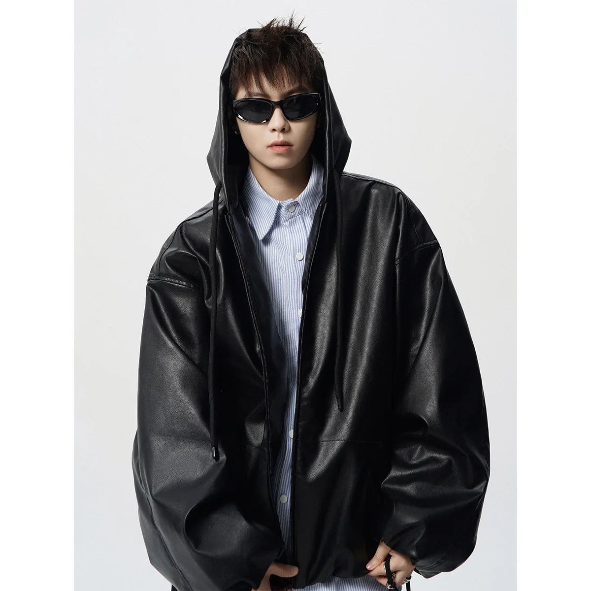 Luxury Motorcycle Leather Jacket Men's American Street Short PU Leather Clothes Trendy Retro Silhouette Hooded Jacket