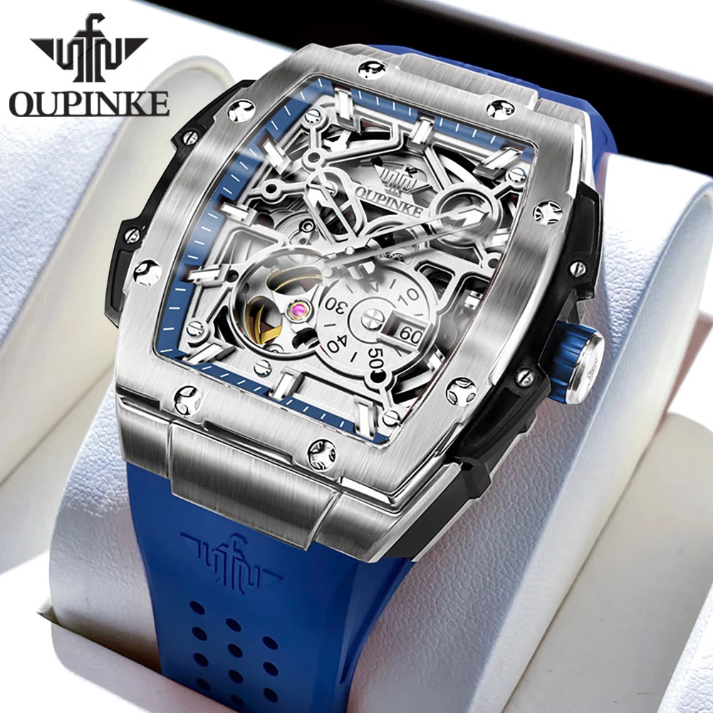 OUPINKE 3213 Mens Watch Skeleton Automatic Mechanical Watch 50M Waterproof Silicone Strap Sports Watch Sapphire Lens Gift Box