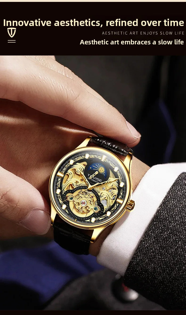 New 2025 Men's Automatic Leather Belt Watch Waterproof Business Casual Mechanical Wristwatch Hollow Design Live Broadcast Delive
