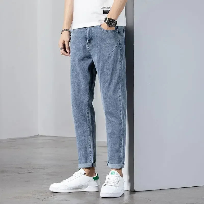 Men's Jeans Light Blue Casual Man Cowboy Pants with Pockets Trousers Cropped Designer Stylish Korean Fashion Summer Original Xs