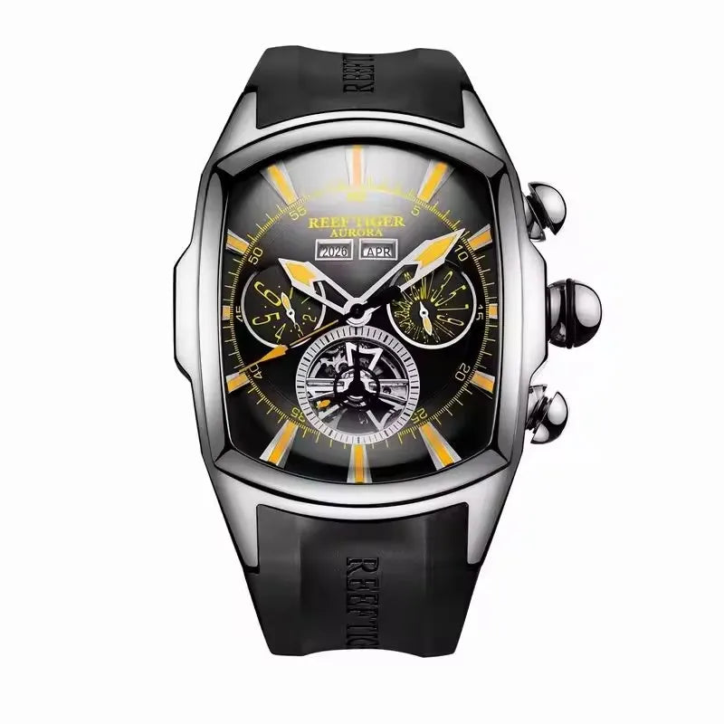 Reef Tiger 316L Stainless Steel Wine Barrel Automatic Watch Fashion Mulitfunction Tourbillon Mechanical Watches for Men RGA3069