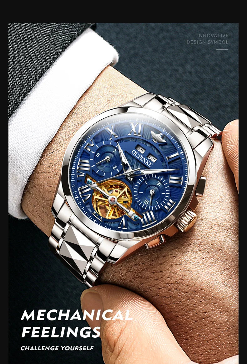 OUPINKE 3236 Men Watch Hollow Skeleton Date Luxury Mechanical Watch For Men Deep Waterproof Roman Scale Male Business Wristwatch