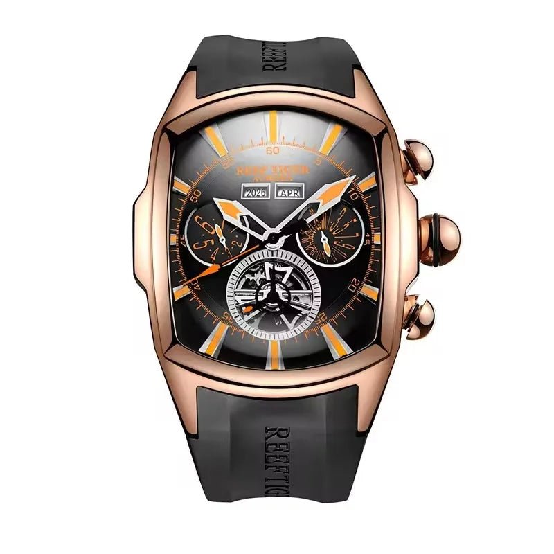Reef Tiger 316L Stainless Steel Wine Barrel Automatic Watch Fashion Mulitfunction Tourbillon Mechanical Watches for Men RGA3069