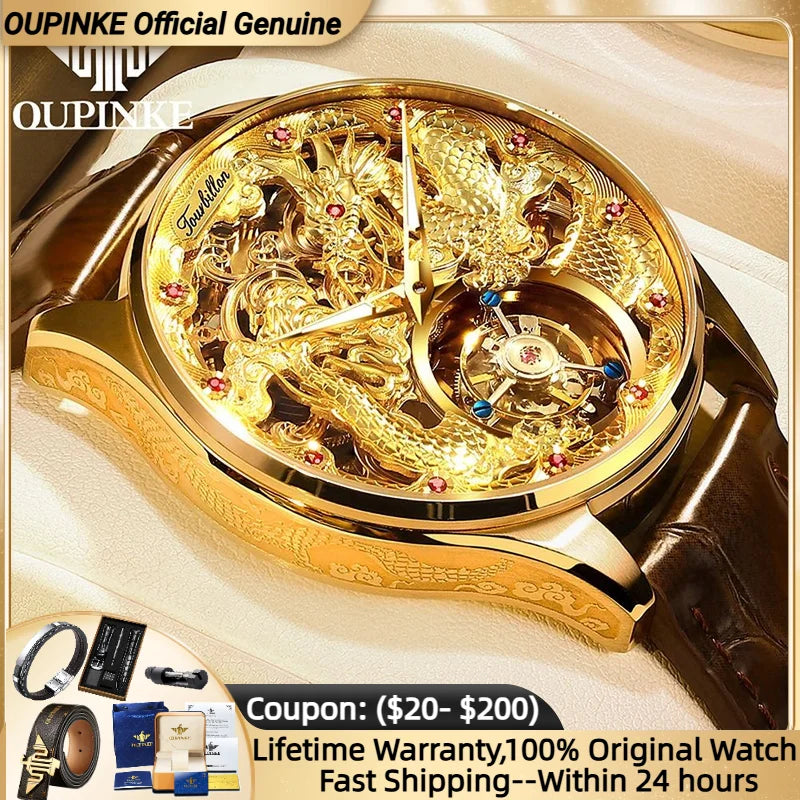 OUPINKE 3176 Top Brand Tourbillon Watch for Men Original Leather Strap Golden Dragon Design Automatic Mechanical Movement Watch