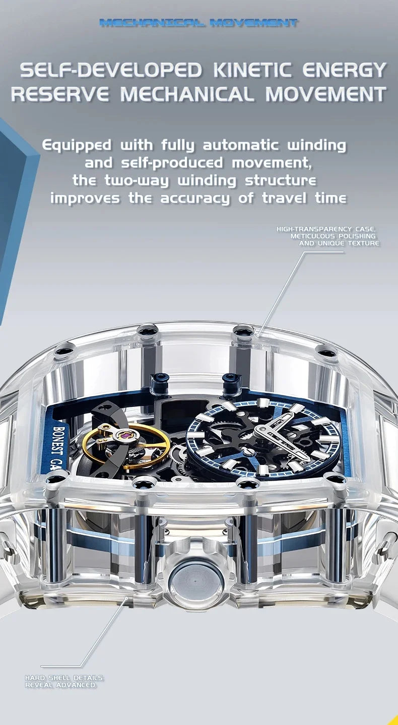 BONEST GATTI 2025 New Men Automatic Watch Tonneau Mechanical Wristwatch Acylic Case Sapphire Lume Hollow Out Dial Fluororubber