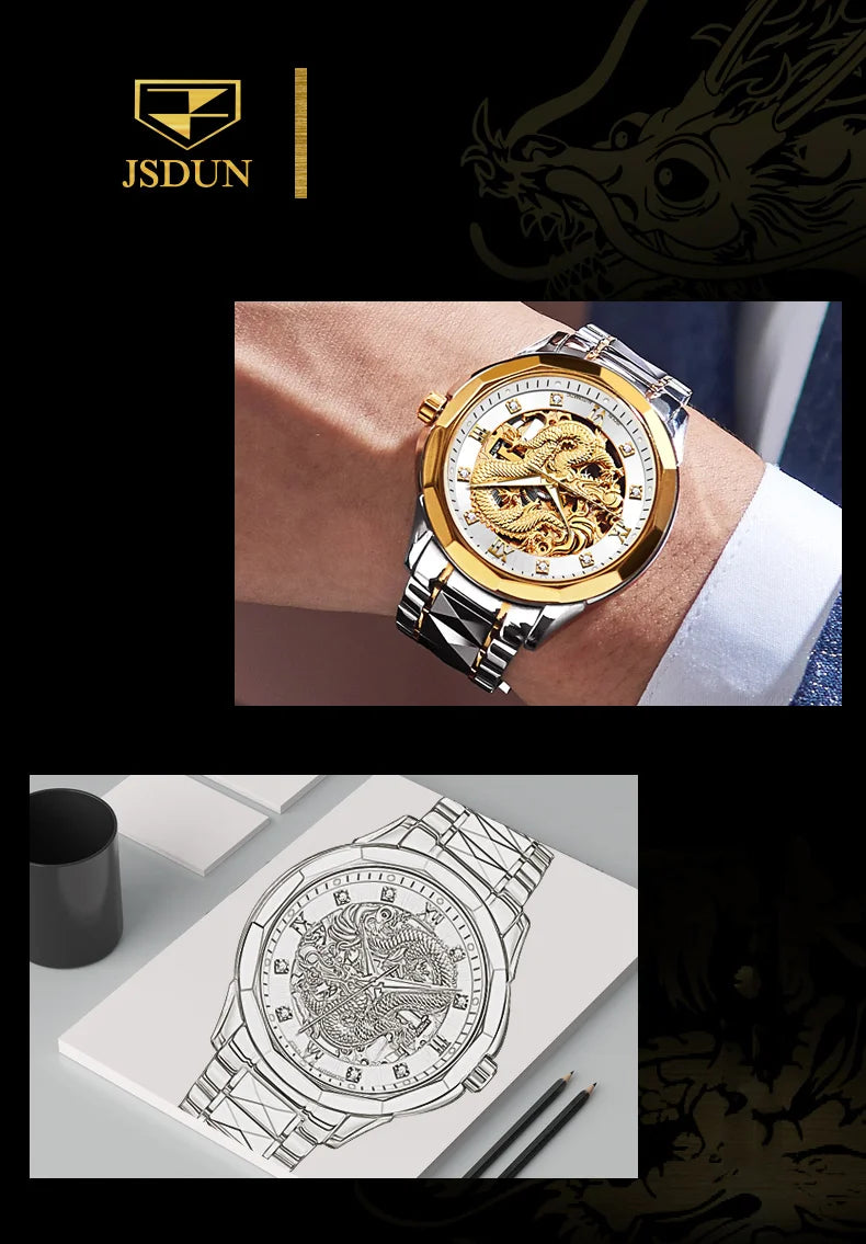 JSDUN Gold 3D Dragon Dial Watch For Men Luxury Brand Automatic Mechanical Watch Stainless Steel Strap Hollow-carved Reloj Hombre