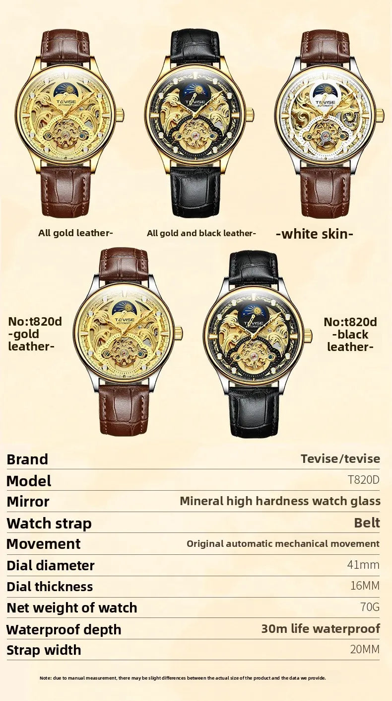 New 2025 Men's Automatic Leather Belt Watch Waterproof Business Casual Mechanical Wristwatch Hollow Design Live Broadcast Delive
