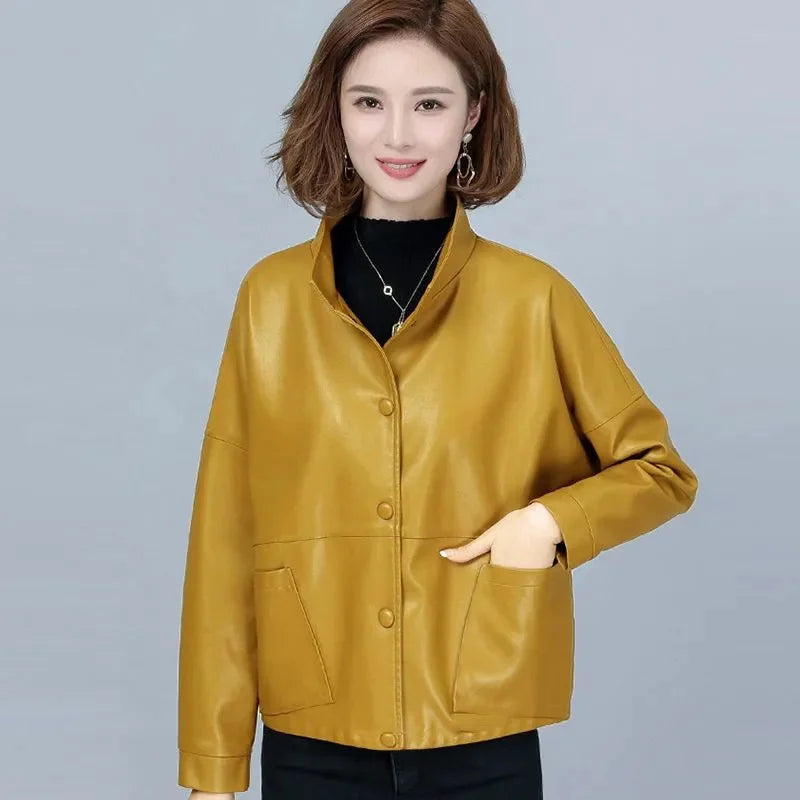 High end Women's Leather Jacket 2025 Autumn New Middle aged Woman Loose Leather Coat With lining Imitation Sheepskin Jackets